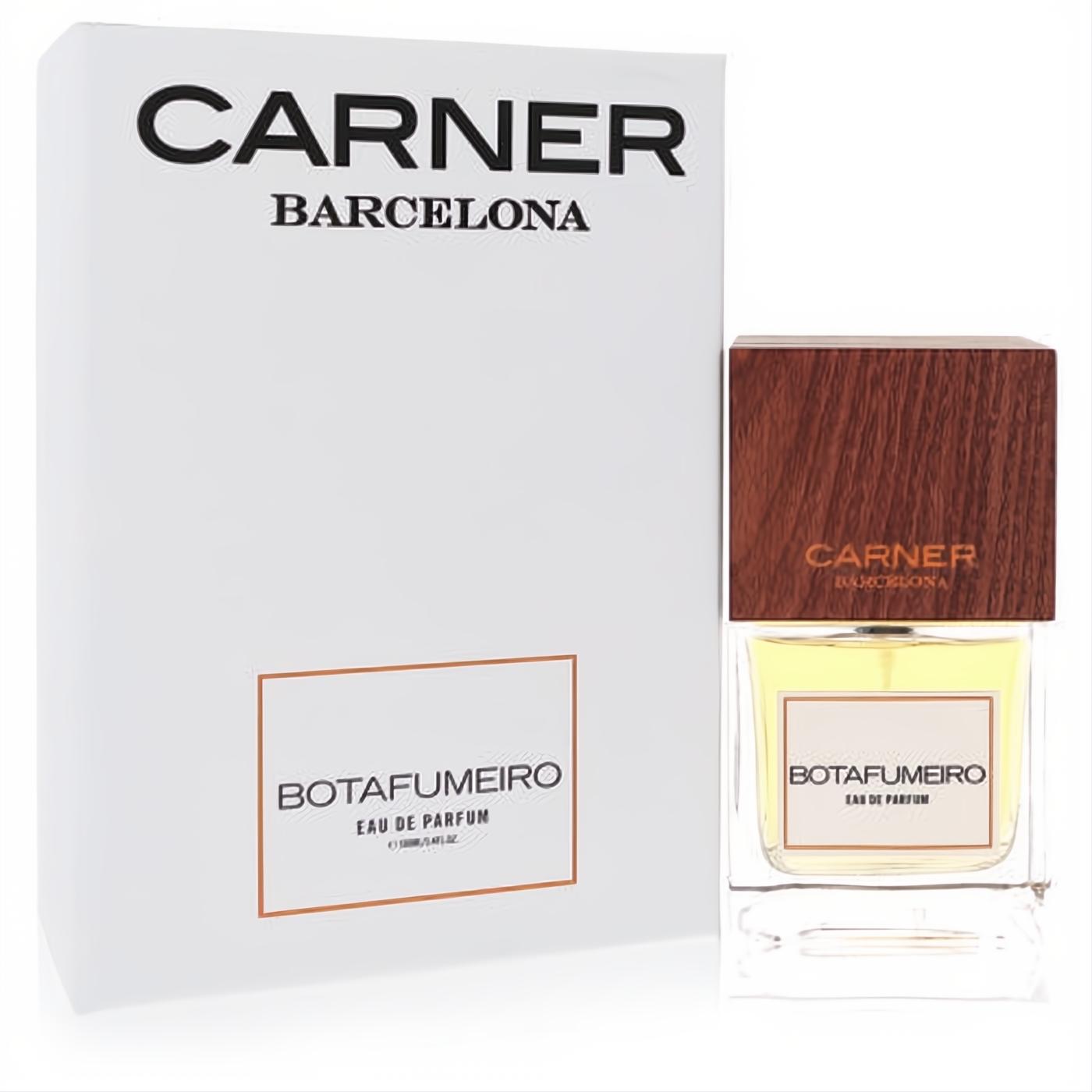 Carner Barcelona Botafumeiro unisex perfume: clear glass bottle with golden liquid, elegant dark wood cap, and white box.