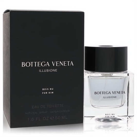 Bottega Veneta Illusione Bois Nu 1.7 oz EDT for men. Sleek clear bottle with black cap, elegant black packaging.