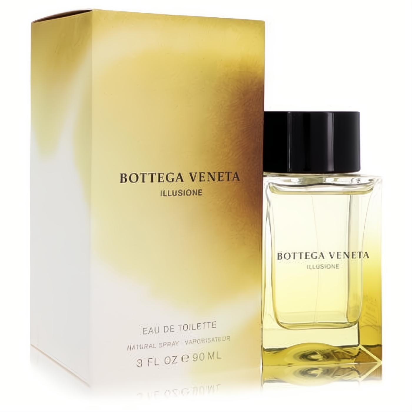 Bottega Veneta Illusione 3 oz EDT for men. Luxurious gold gradient box and sleek clear glass bottle with vibrant yellow fragrance.