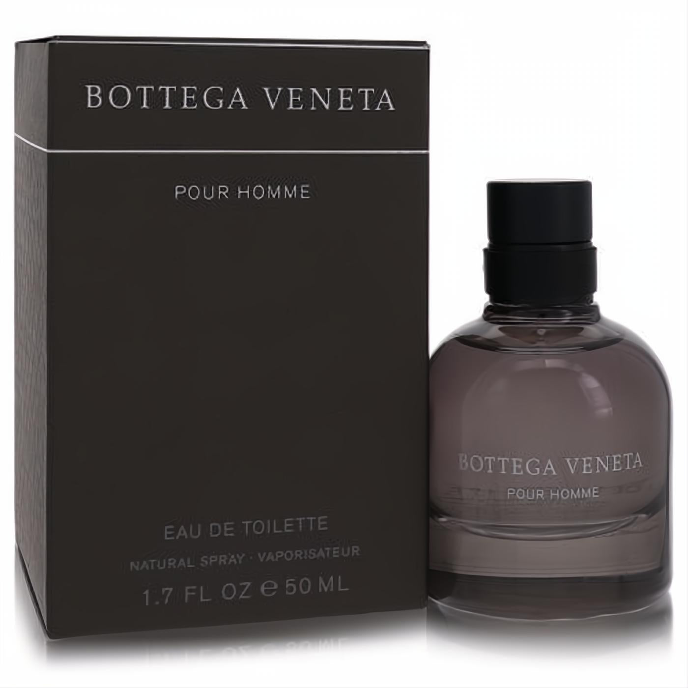 Sophisticated Bottega Veneta Pour Homme 1.7 oz EDT spray in a sleek dark gray glass bottle with a matching minimalist box.