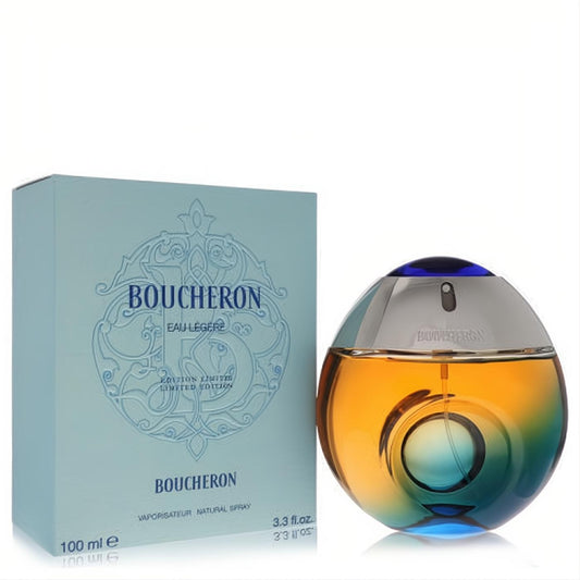 Exquisite Boucheron Eau Legere 3.3 oz EDT in a captivating amber-to-blue spherical glass bottle with an ornate light blue box.