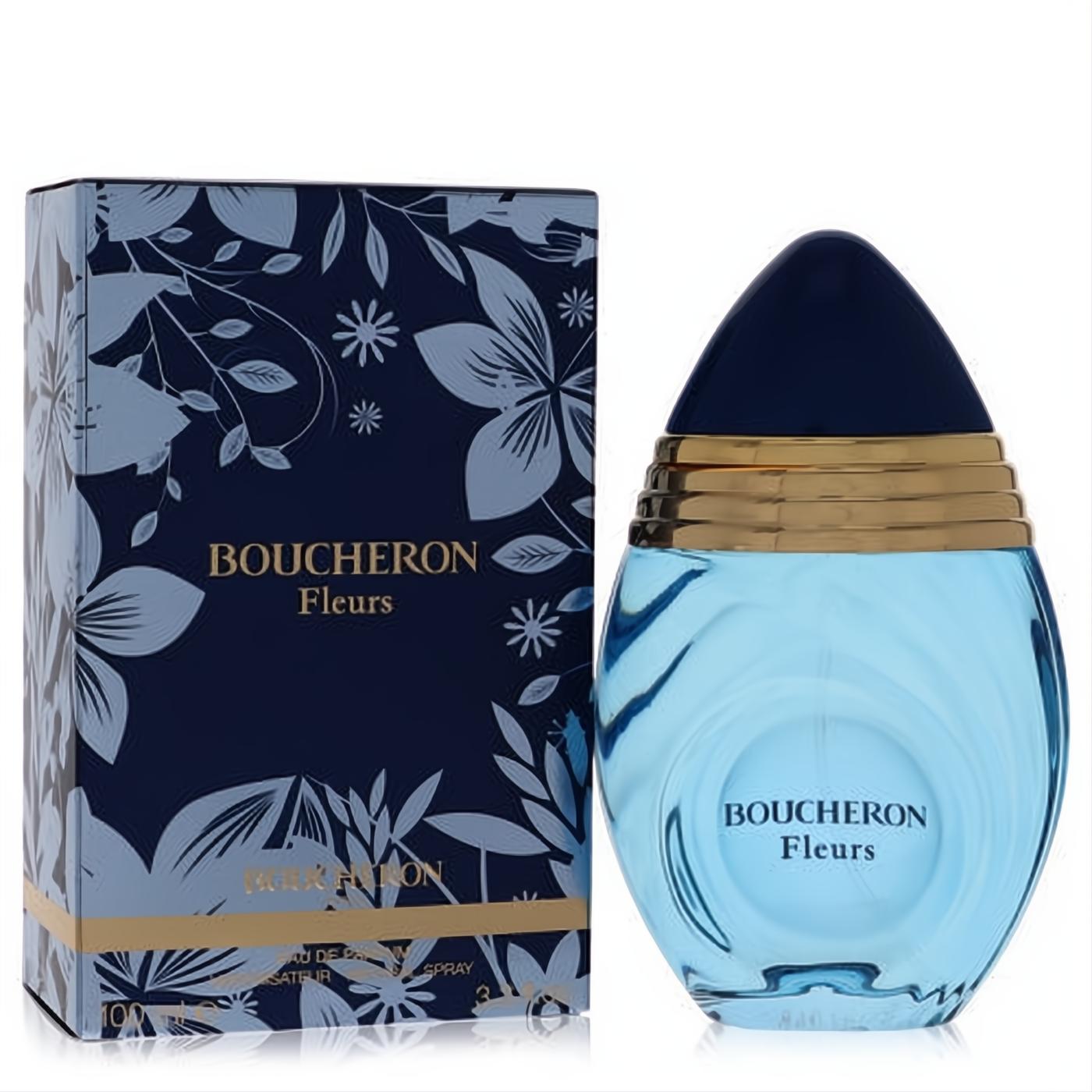 Boucheron Fleurs 3.3 oz EDP. Stunning light blue bottle, gold rings, dark blue cap, and elegant floral patterned box.