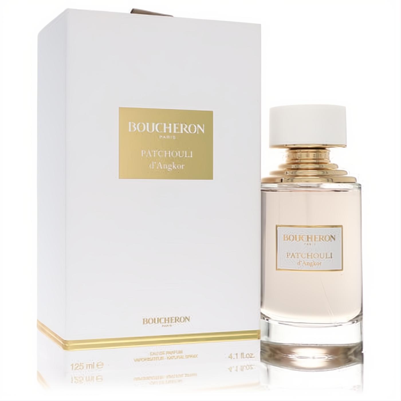 Elevate your scent with Boucheron Patchouli D'Angkor 4.1 oz unisex EDP. Elegant clear glass bottle, gold accents, and white box.