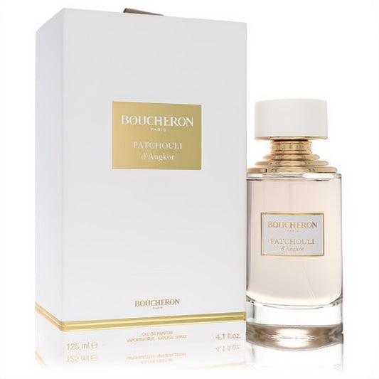 Elevate your scent with Boucheron Patchouli D'Angkor 4.1 oz unisex EDP. Elegant clear glass bottle, gold accents, and white box.