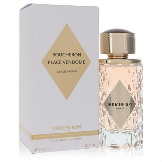 Boucheron Place Vendome 3.4 oz EDP. Luxurious faceted glass bottle, peach fragrance, elegant gold cap, and sophisticated white box.