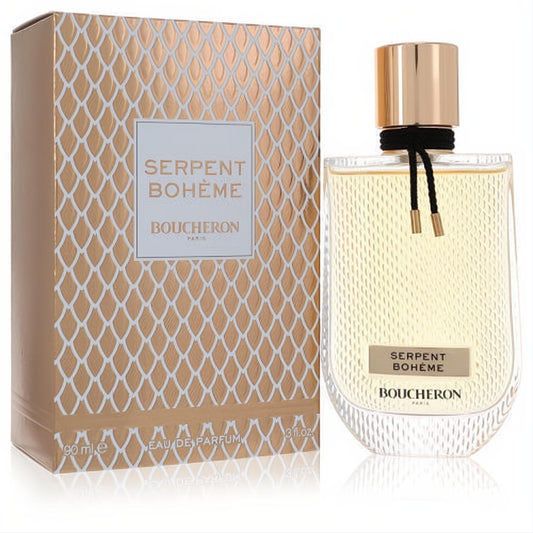 Discover Boucheron Serpent Boheme 3 oz EDP. Elegant clear bottle, gold cap, black cord, and luxurious textured gold snake-scale box.