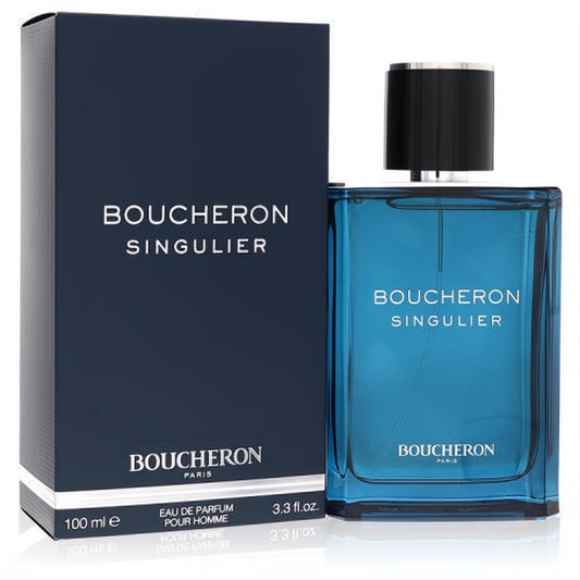Experience Boucheron Singulier 3.3 oz men's EDP. Striking blue glass bottle, black cap, and elegant navy box.