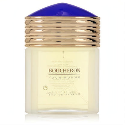 Sophisticated Boucheron Pour Homme 100ml EDP tester. Frosted glass bottle, elegant gold ribbed neck, and bold blue cap.