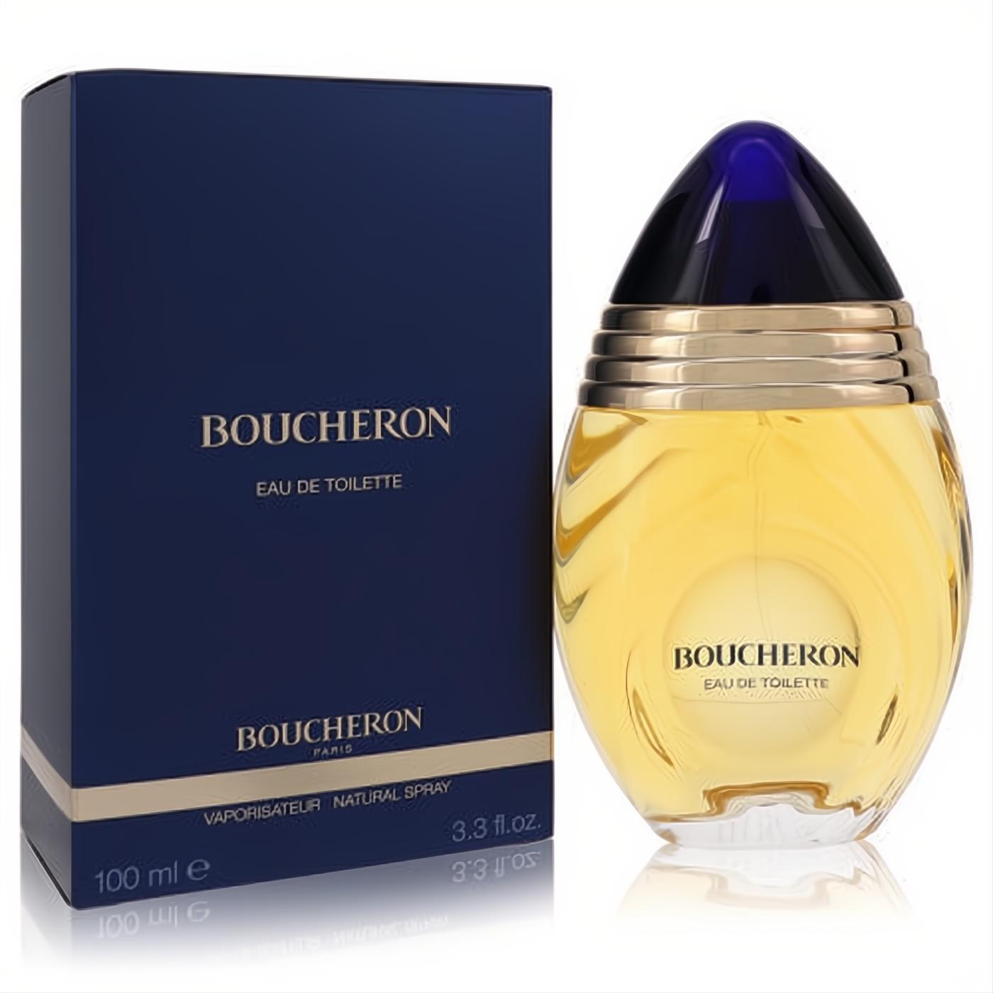 Luxurious Boucheron Eau De Toilette 3.3 oz spray. Elegant clear glass bottle with gold rings, a distinctive dark blue cap, and a rich navy box.