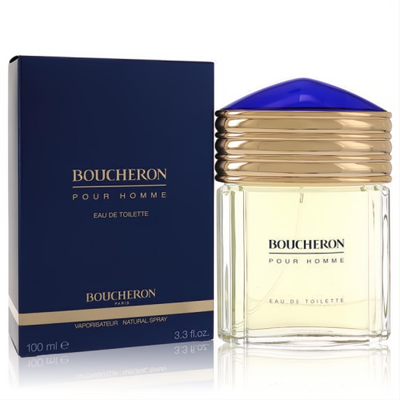 Boucheron Pour Homme 3.3 oz EDT spray. Clear faceted bottle with a gold ribbed collar, deep blue cap, and elegant navy box.