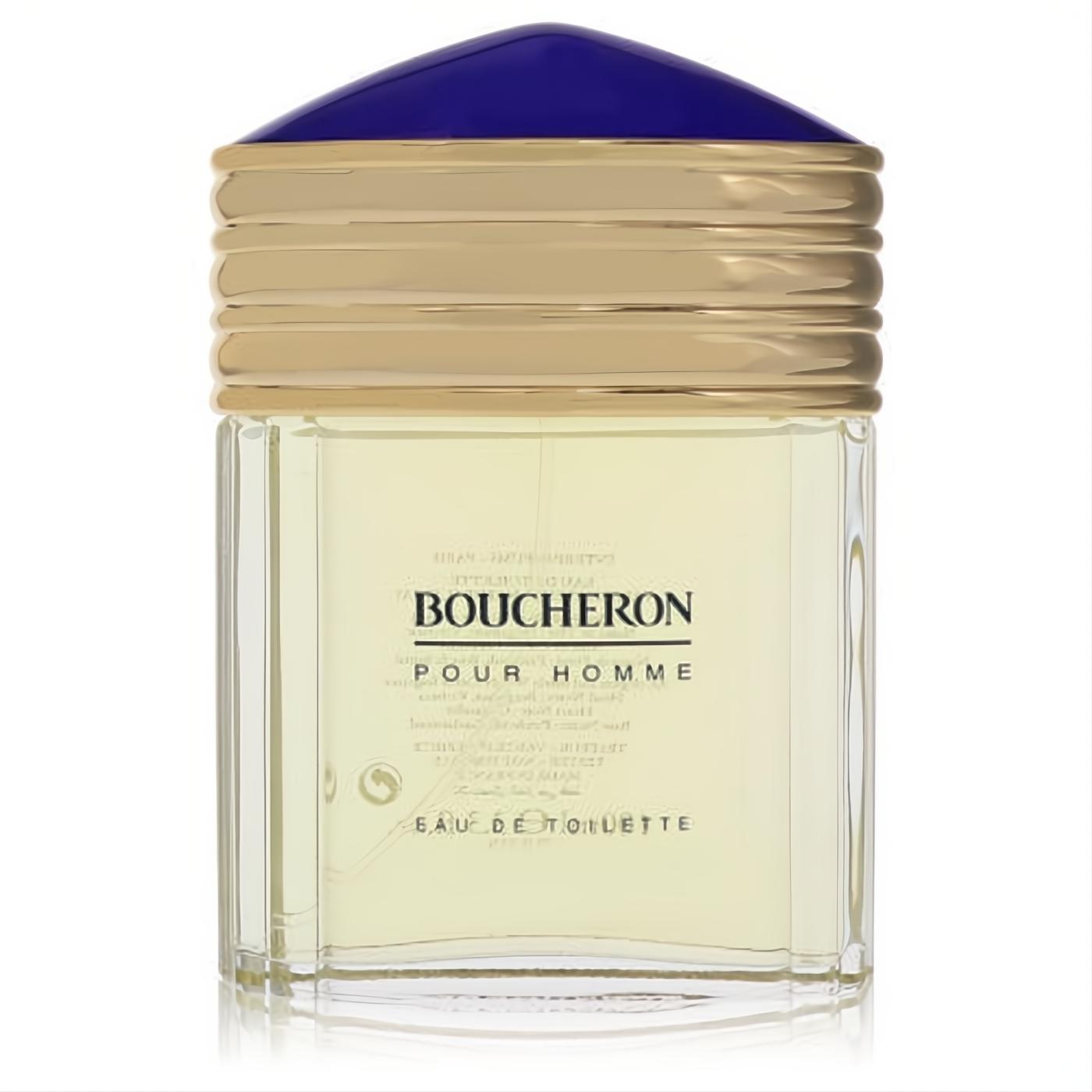 Boucheron Pour Homme 3.4 oz EDT spray tester. Elegant clear ribbed glass bottle with a luxurious gold and navy blue cap.