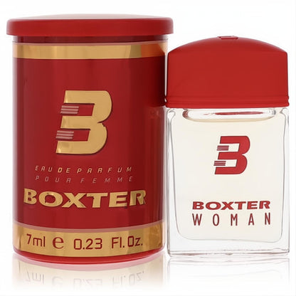 Boxter by Fragluxe .23 oz women's mini perfume. Bold red and gold box, clear glass bottle with red cap and iconic 'B' logo.