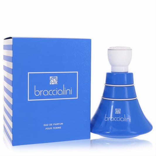 Discover Braccialini Blue 3.4 oz EDP. Vibrant blue bell-shaped bottle with white cap and elegant matching box.