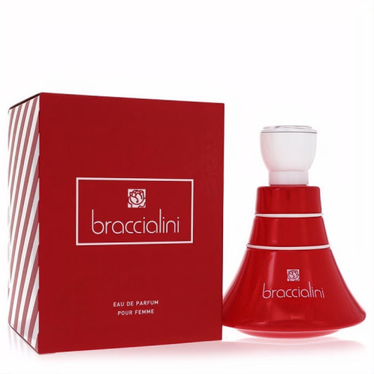 Vibrant Braccialini Red Eau De Parfum 3.4 oz for women. Features a striking glossy red bell-shaped bottle and matching box.