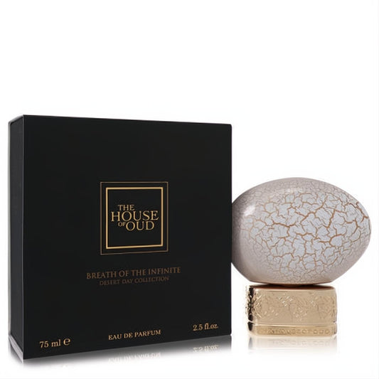 Exquisite The House of Oud Breath of the Infinite 2.5 oz unisex EDP. Black box and stunning cream cracked egg bottle on a gold stand.