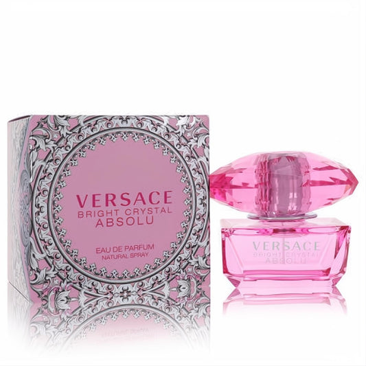 Versace Bright Crystal Absolu EDP spray. Radiant pink glass bottle with a dazzling faceted crystal cap and elegant ornate box.