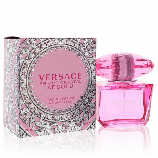 Radiant Versace Bright Crystal Absolu 3 oz EDP. Features a stunning pink faceted crystal bottle and elegant ornate pink box.