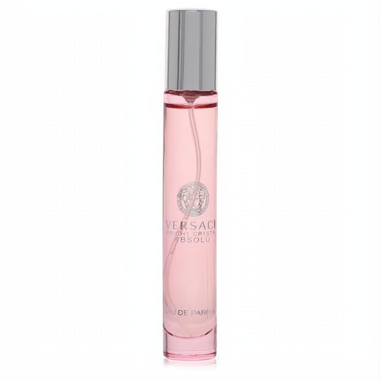 Versace Bright Crystal Absolu .3 oz mini EDP spray. Clear bottle, radiant pink fragrance, sleek silver cap, iconic Medusa logo.