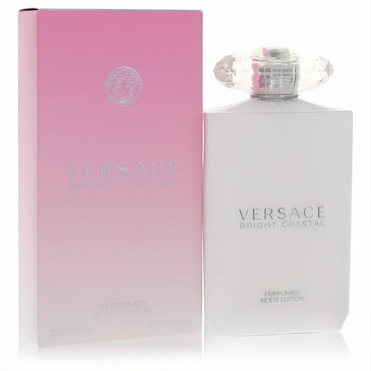 Luxurious Versace Bright Crystal 6.7 oz perfumed body lotion. White bottle, sparkling crystal cap, and elegant pink box.