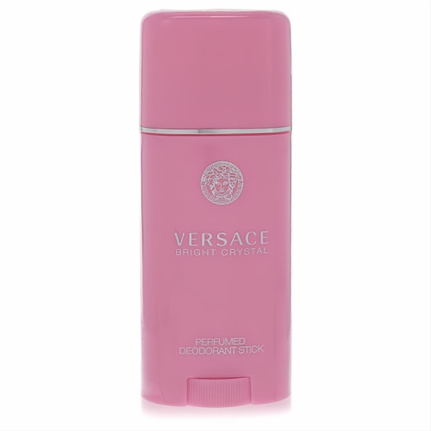 Vibrant Versace Bright Crystal 1.7 oz pink perfumed deodorant stick, featuring a sleek design and iconic silver Medusa logo.