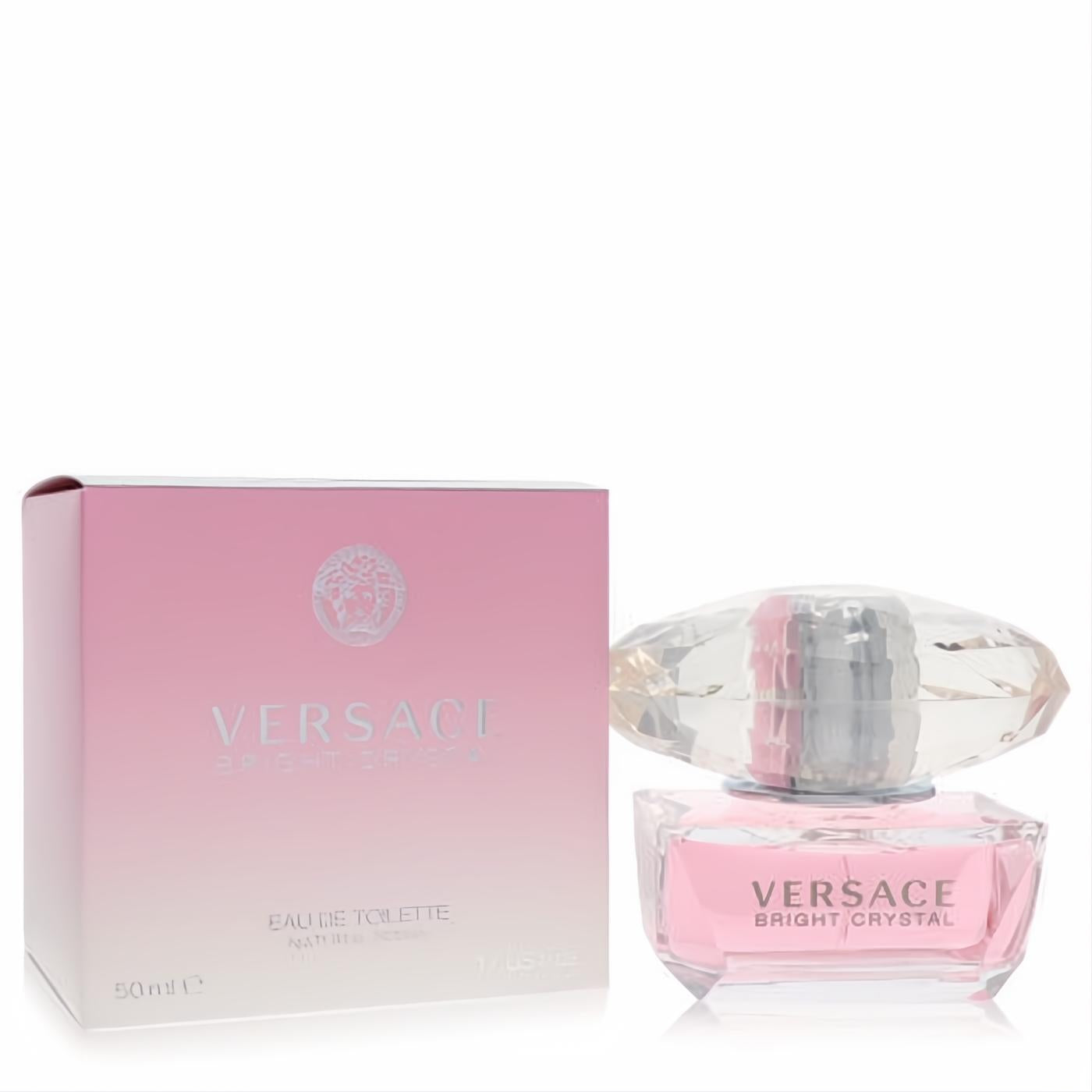Versace Bright Crystal 1.7 oz EDT. Pink perfume bottle with a dazzling faceted crystal cap and elegant pink gradient box.