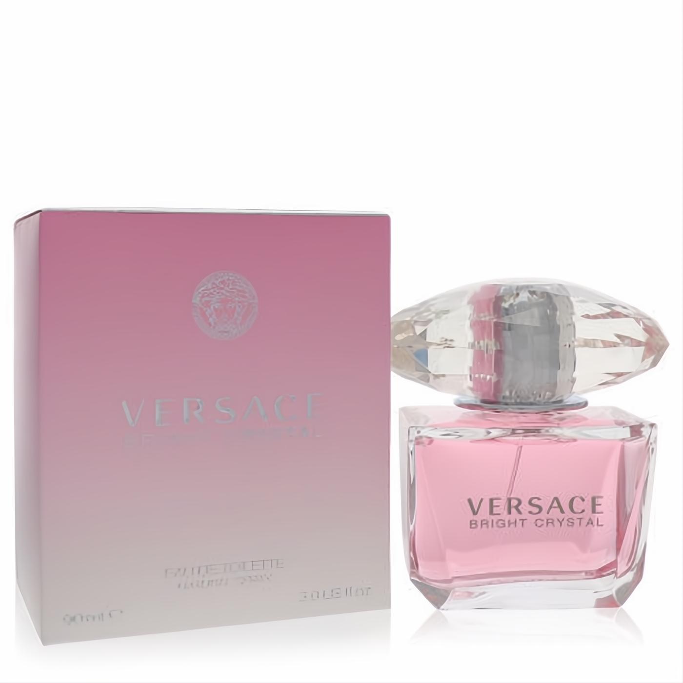 Versace Bright Crystal 3 oz EDT spray. Elegant pink fragrance in a clear glass bottle with a sparkling crystal cap and matching pink box.