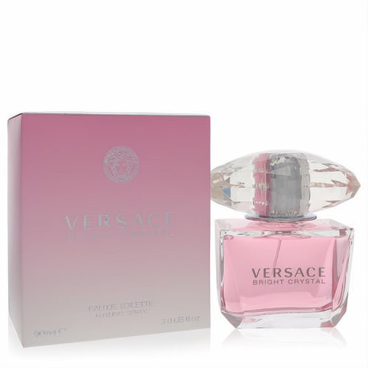 Versace Bright Crystal 3 oz EDT spray. Elegant pink fragrance in a clear glass bottle with a sparkling crystal cap and matching pink box.