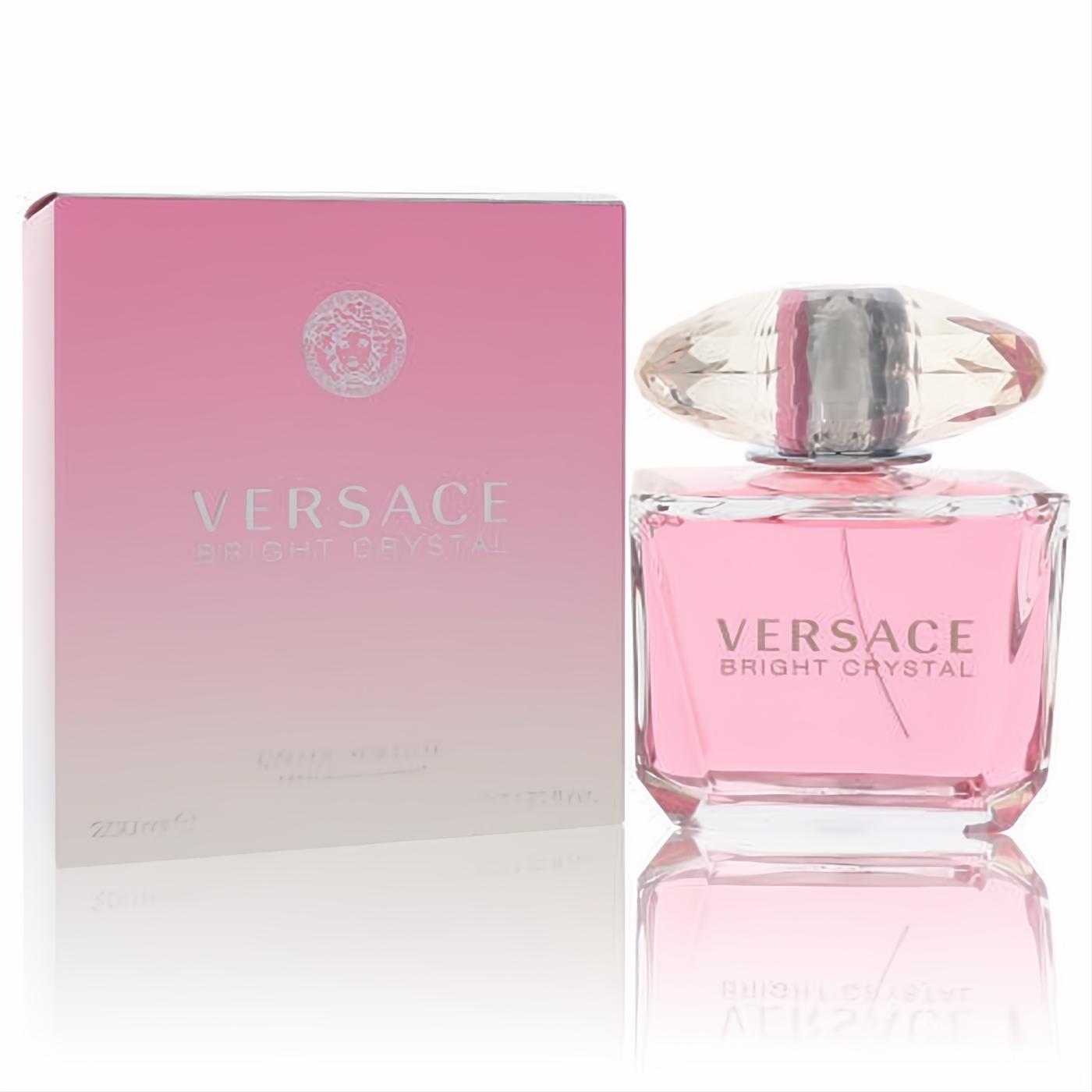 Experience Versace Bright Crystal 6.7 oz Eau De Toilette spray. Stunning pink bottle with a luxurious faceted crystal cap and matching box.