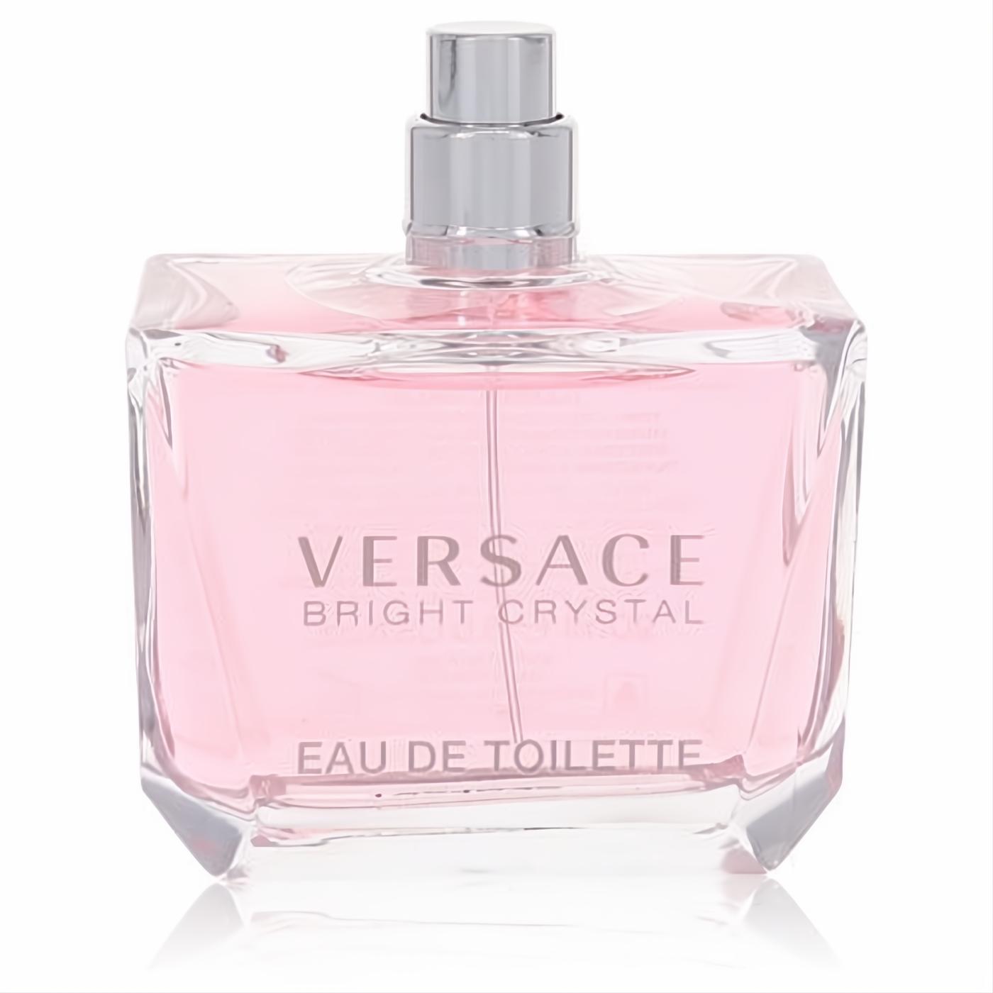 Experience Versace Bright Crystal Eau De Toilette. Luxurious pink fragrance in a chic clear glass bottle with a sleek silver sprayer.