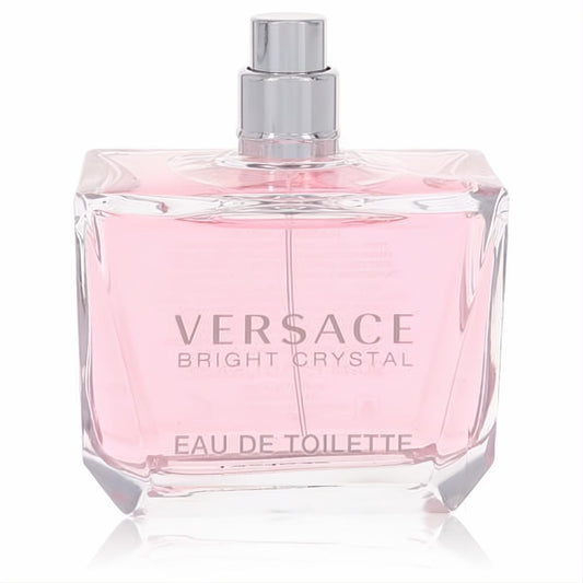 Experience Versace Bright Crystal Eau De Toilette. Luxurious pink fragrance in a chic clear glass bottle with a sleek silver sprayer.