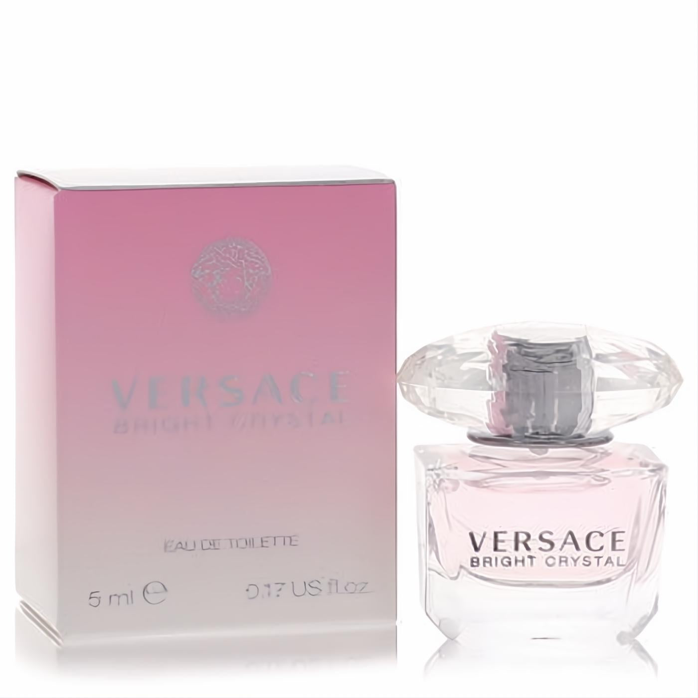 Elegant Versace Bright Crystal mini EDT, 0.17 oz, with pink liquid, faceted crystal cap, and matching pink ombre box.