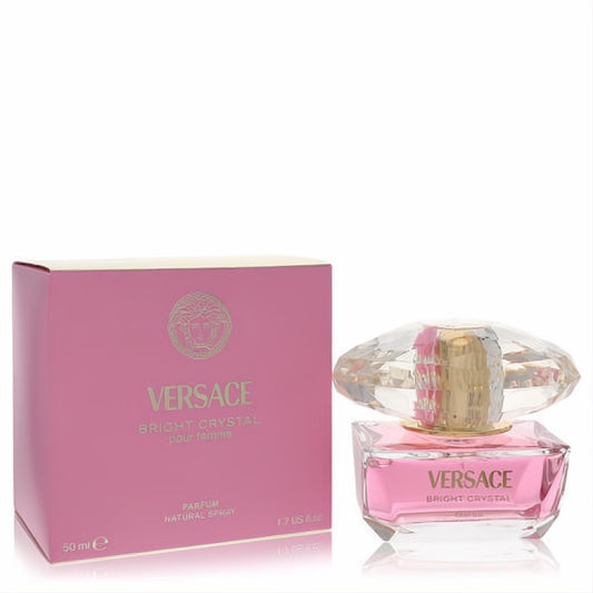 Iconic Versace Bright Crystal 1.7 oz parfum spray. Features a vibrant pink fragrance, elegant gold accents, and a dazzling crystal cap.