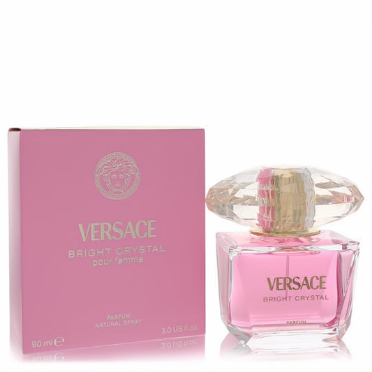 Versace Bright Crystal 3 oz women's perfume. Radiant pink bottle, sparkling faceted cap, and elegant matching box.