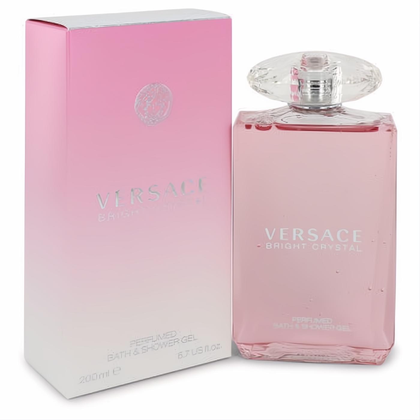 Experience Versace Bright Crystal 6.7 oz pink shower gel. Elegant glass bottle, faceted cap, and matching luxurious box.
