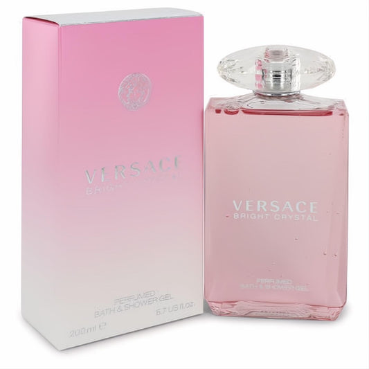 Experience Versace Bright Crystal 6.7 oz pink shower gel. Elegant glass bottle, faceted cap, and matching luxurious box.