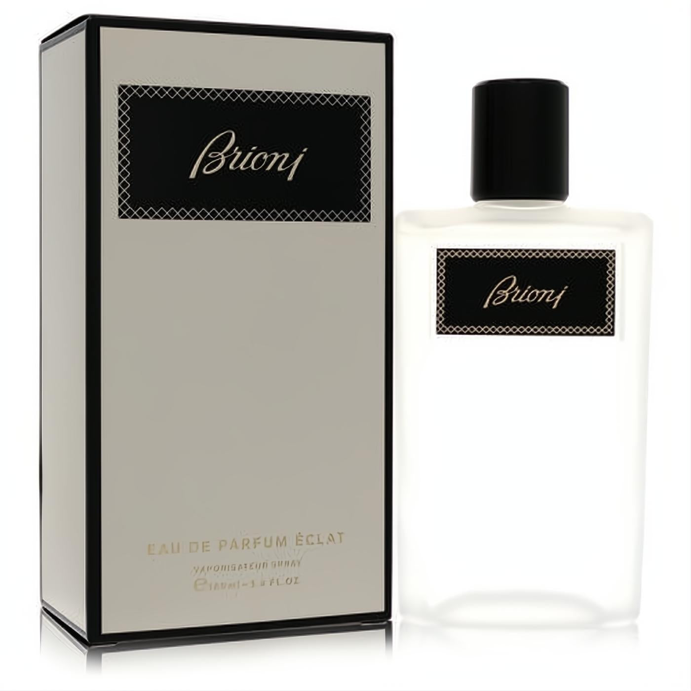 Discover Brioni Eclat 3.4 oz Eau De Parfum spray. Frosted white bottle and light grey box with elegant black branding.