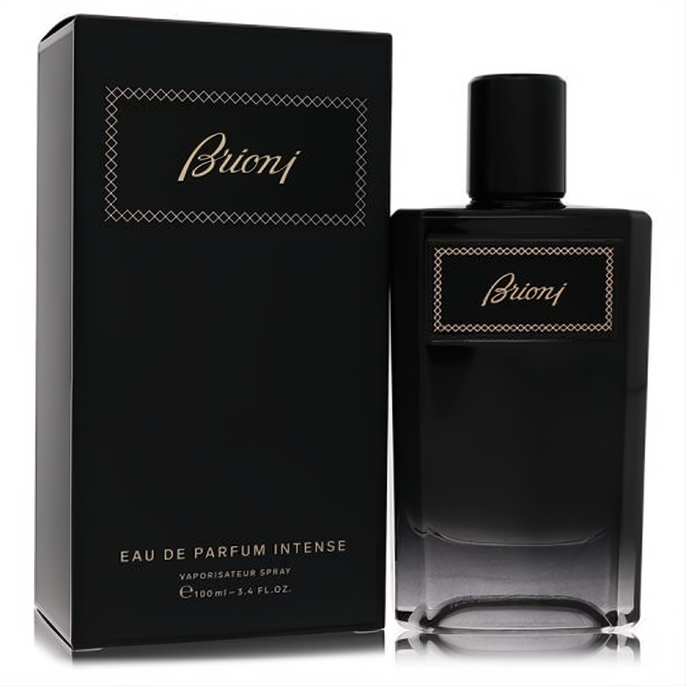 Experience Brioni Intense 3.4 oz Eau De Parfum. Elegant black glass bottle with gold script, matching box.