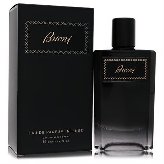 Experience Brioni Intense 3.4 oz Eau De Parfum. Elegant black glass bottle with gold script, matching box.