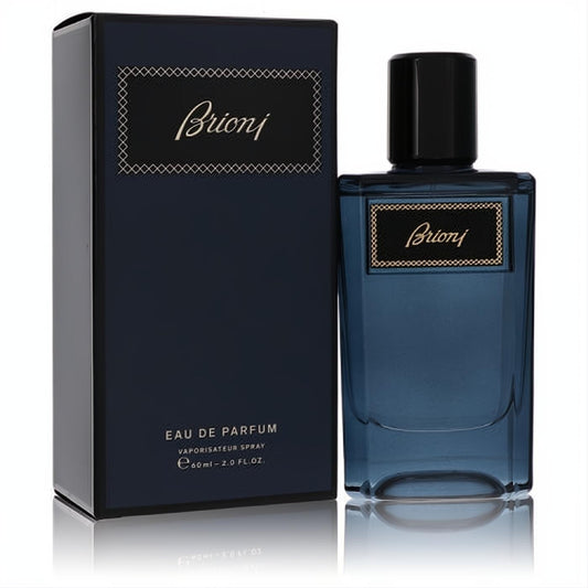 Brioni men's 2 oz Eau De Parfum spray. Elegant dark blue glass bottle with gold label and sophisticated matching box.