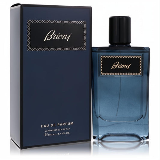 Sophisticated Brioni Eau De Parfum 3.4 oz men's fragrance. Elegant dark blue glass bottle, black cap, gold-accented label, and matching box.