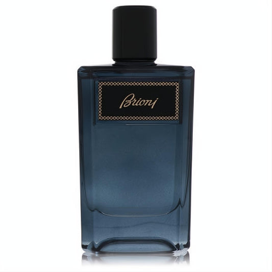 Sophisticated Brioni 3.4 oz men's Eau de Parfum. Dark blue glass bottle, black cap, and elegant gold script label.