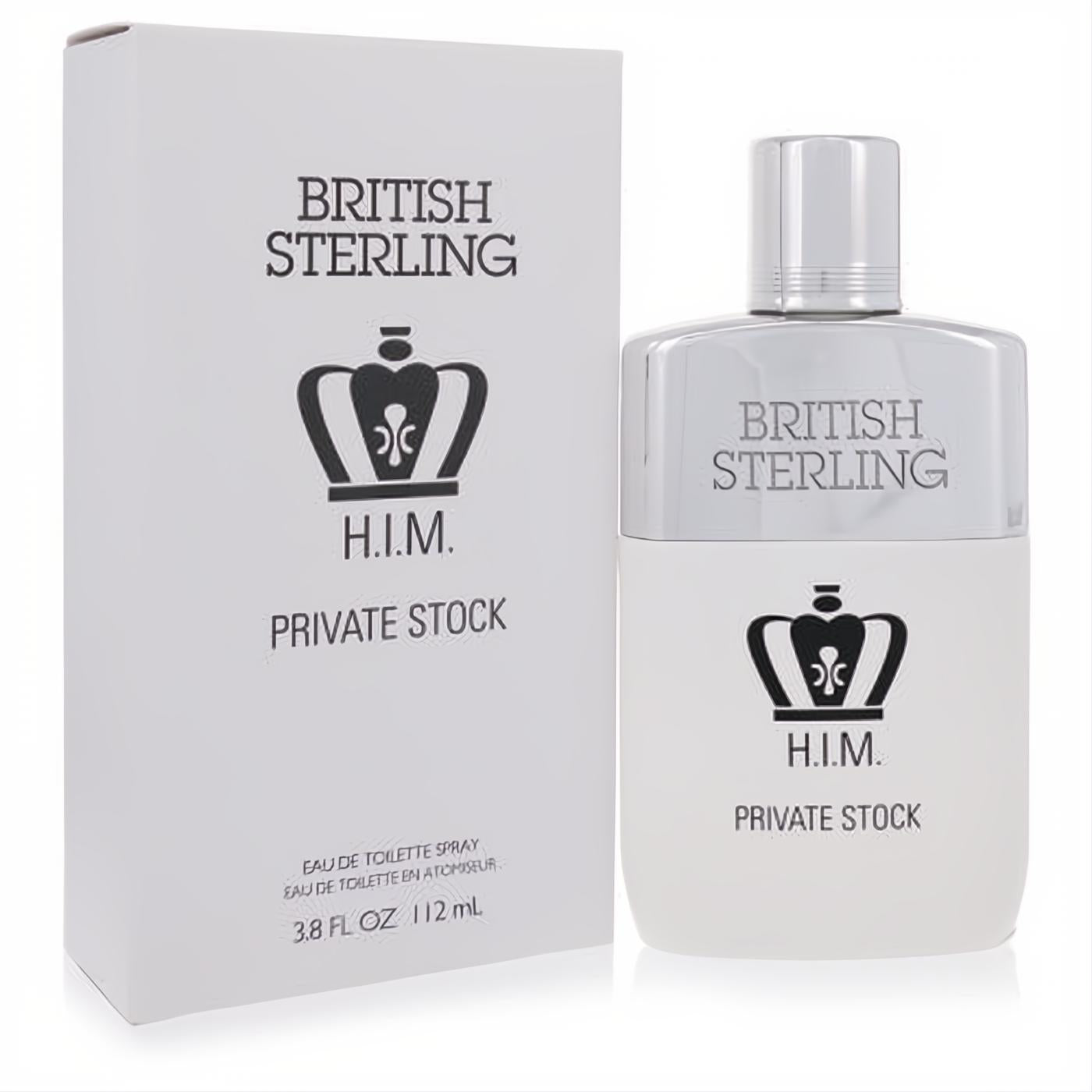 Sophisticated British Sterling H.I.M. Private Stock 3.8 oz EDT. Frosted white bottle, silver cap, elegant crown design.