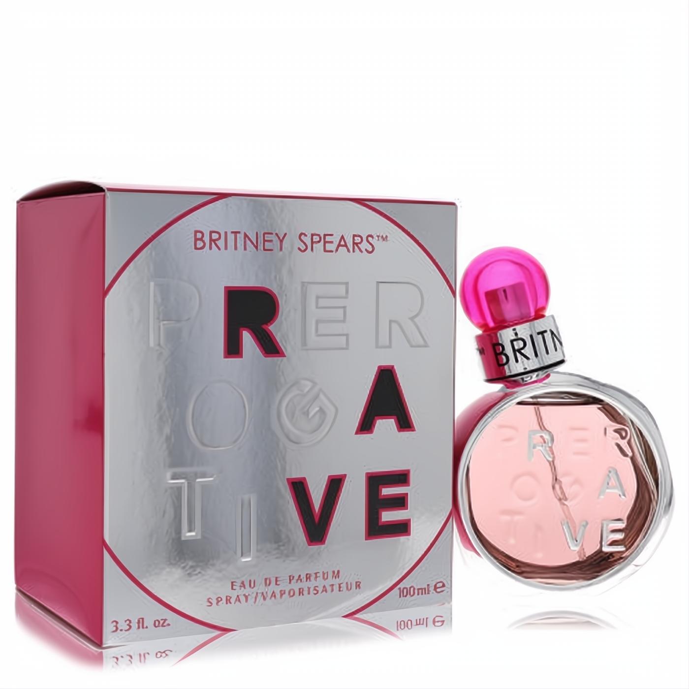 Britney Spears Prerogative Rave 3.3 oz EDP. Features a chic pink bottle with a textured fuchsia cap and shimmering silver box.
