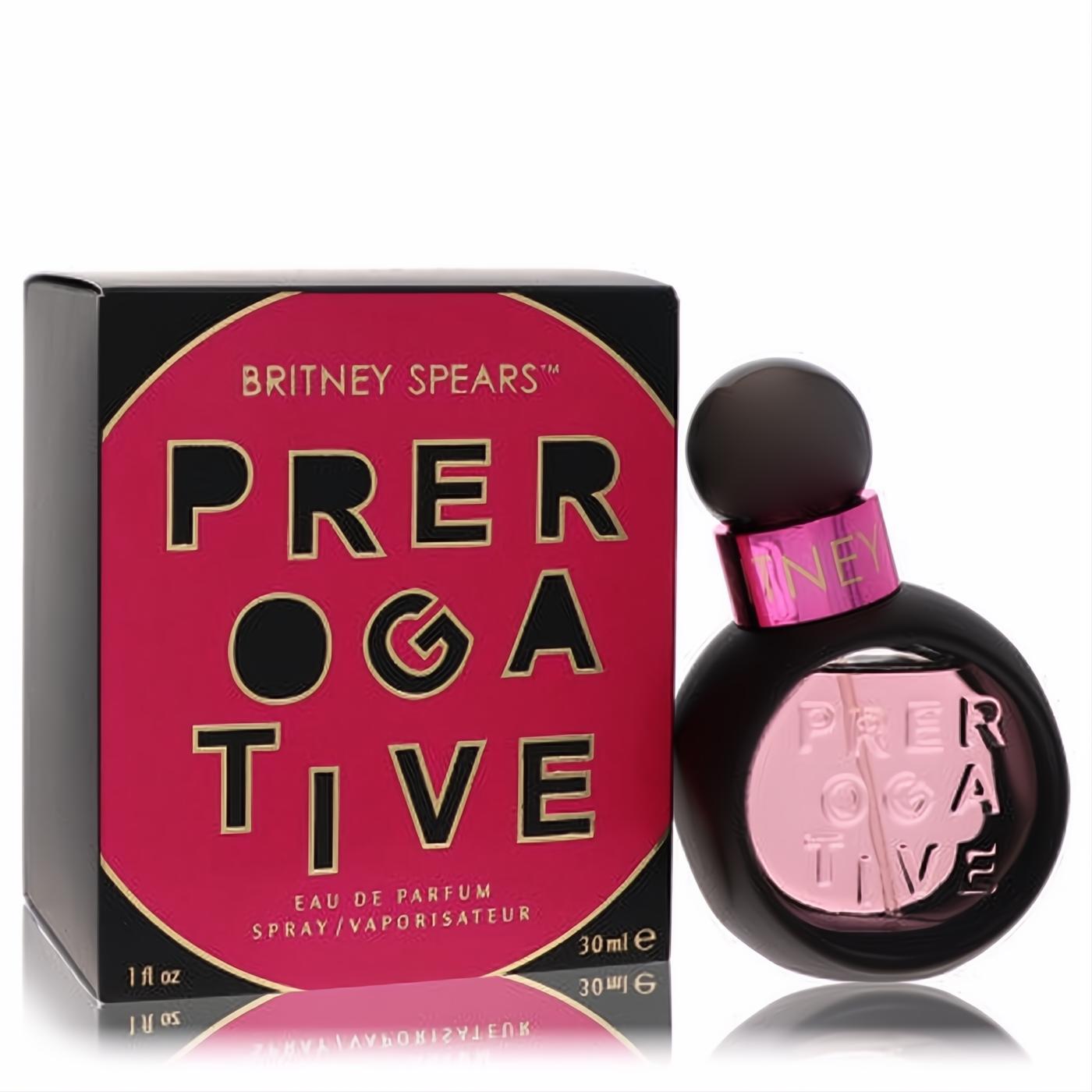 Britney Spears Prerogative 1.0 oz women's perfume. Bold matte black bottle with vibrant pink and gold design, shown with its matching box.