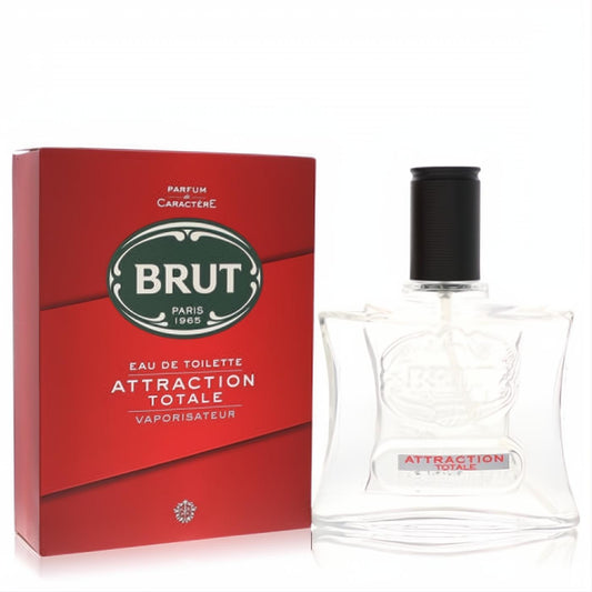 Brut Attraction Totale 3.4 oz men's Eau De Toilette. Sleek clear glass bottle with black cap, beside its vibrant red box.