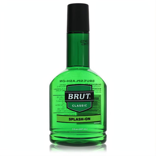Iconic Brut Classic 7 oz green plastic splash-on cologne for men. Features a bold white logo and sleek black cap.