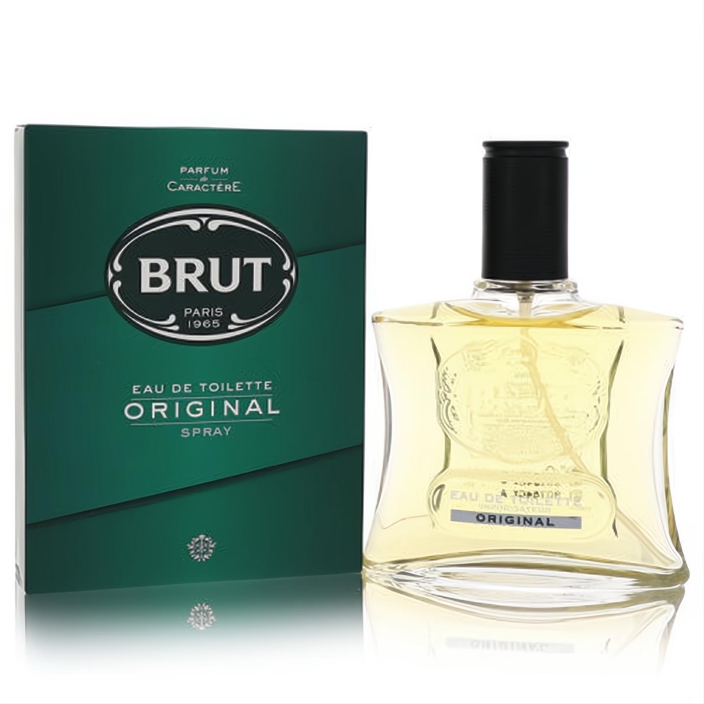 Classic Brut Original Eau De Toilette spray, 3.4 oz, in its clear glass bottle with yellow liquid, black cap, and iconic dark green box.