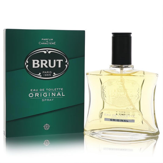 Classic Brut Original Eau De Toilette spray, 3.4 oz, in its clear glass bottle with yellow liquid, black cap, and iconic dark green box.