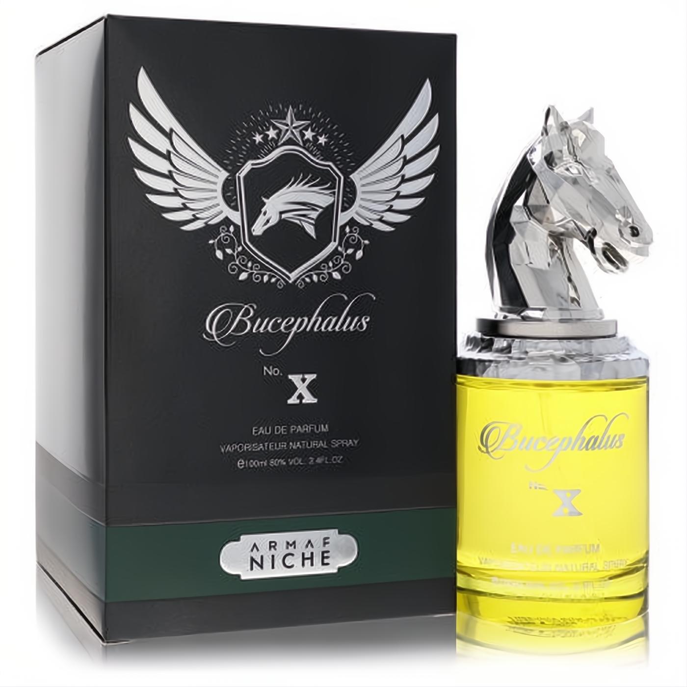Armaf Bucephalus X 3.4 oz men's EDP. Bold silver horse head cap, vibrant yellow fragrance, and elegant black winged box.