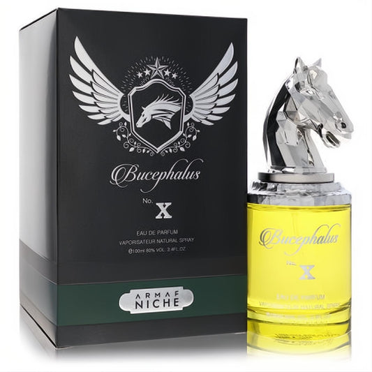 Armaf Bucephalus X 3.4 oz men's EDP. Bold silver horse head cap, vibrant yellow fragrance, and elegant black winged box.